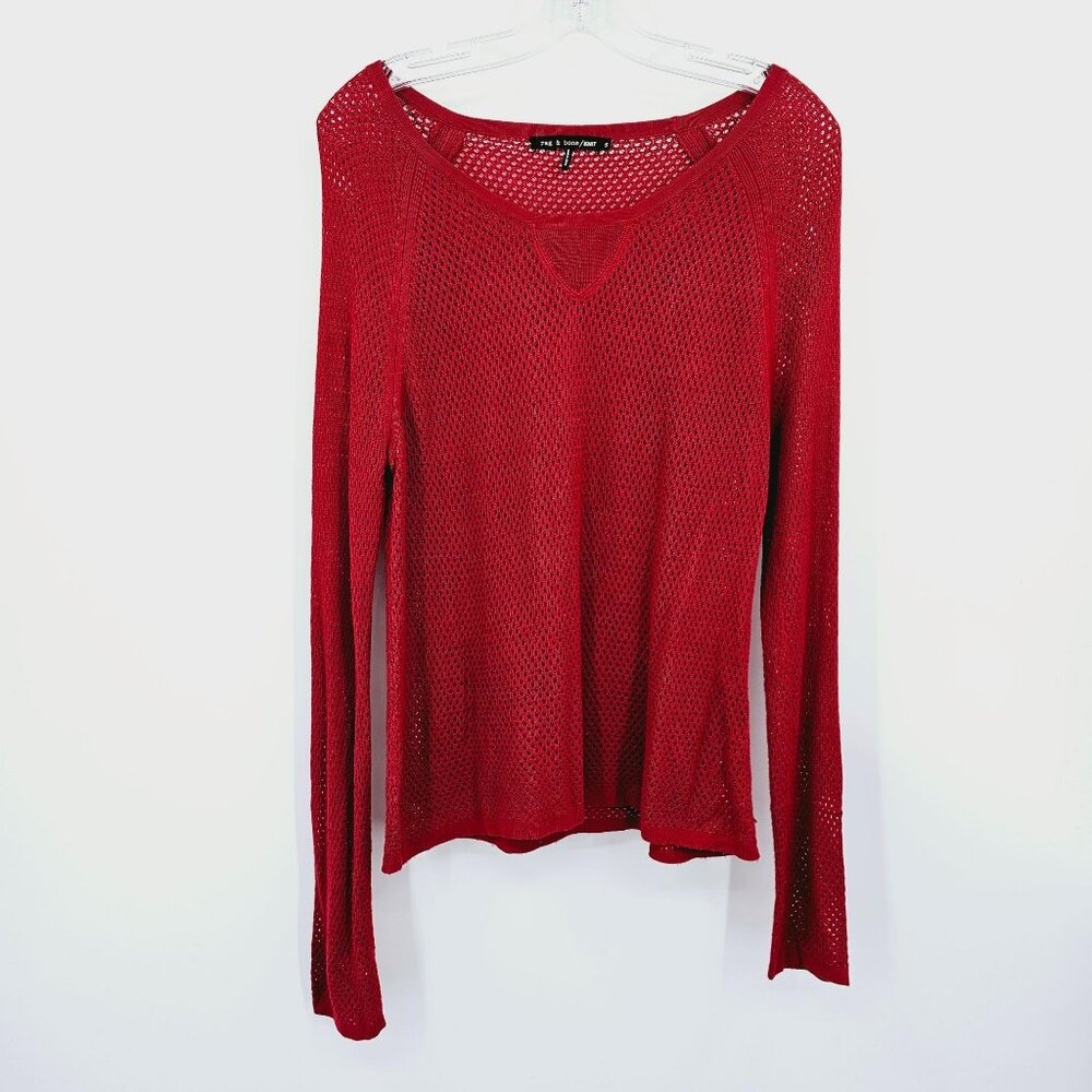 Rag & Bone Knit Sweater Top S Red Open Stretch Raglan Sleeve Lightweight Waffle